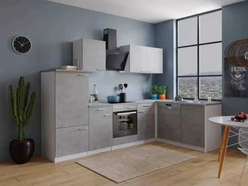 Respekta Winkelküchen|Kochfelder<L-Küchenblock Malia mit E-Geräten 280 cm Beton Fronten
