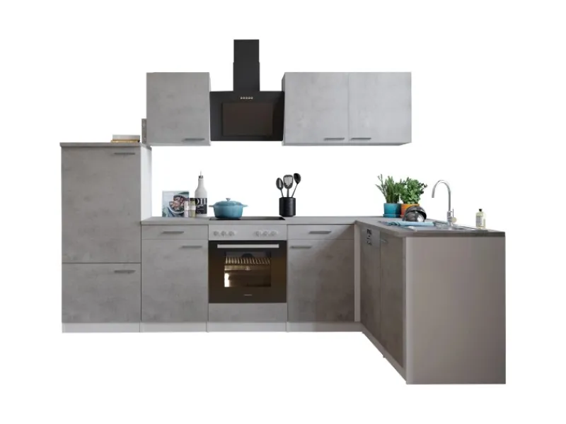 Respekta Winkelküchen|Kochfelder<L-Küchenblock Malia mit E-Geräten 280 cm Beton Fronten