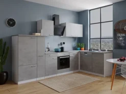 Respekta L-Küchenblock Malia mit E-Geräten 310 cm Beton Fronten< Kühlschränke|Winkelküchen