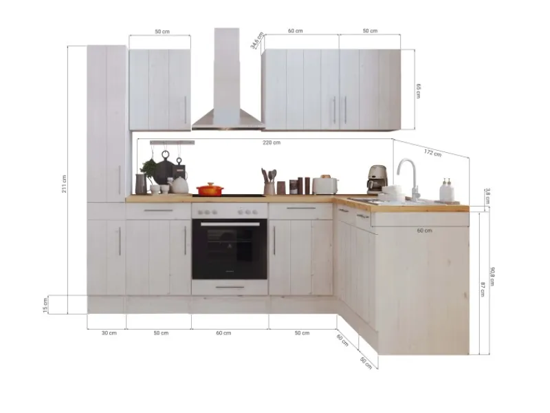 Respekta L-Küchenzeile Anton LBBERPL250LHWC ohne E-Geräte 250 cm Lärche Weiß< Winkelküchen