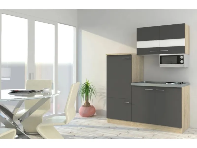 New Respekta Miniküche KB160ESGMI 160 cm -Eiche Sonoma Nachbildung Mikrowelle Grau