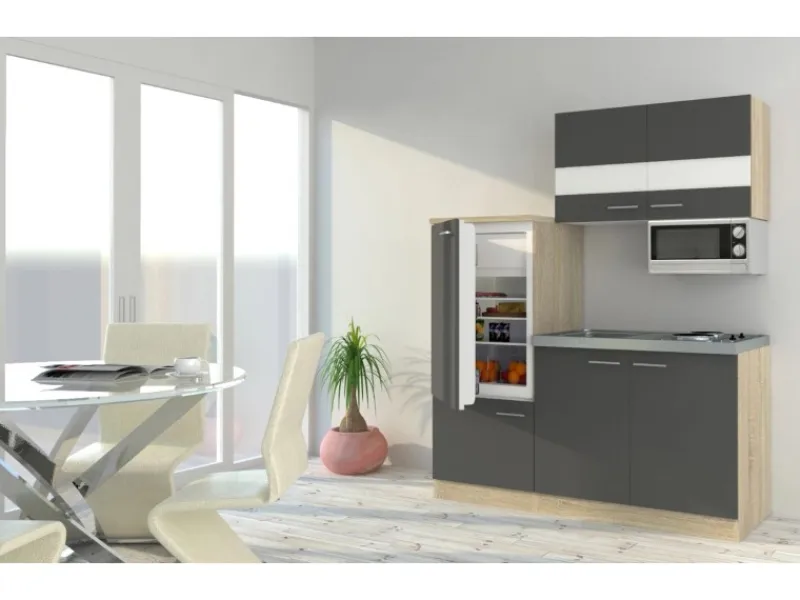 New Respekta Miniküche KB160ESGMI 160 cm -Eiche Sonoma Nachbildung Mikrowelle Grau
