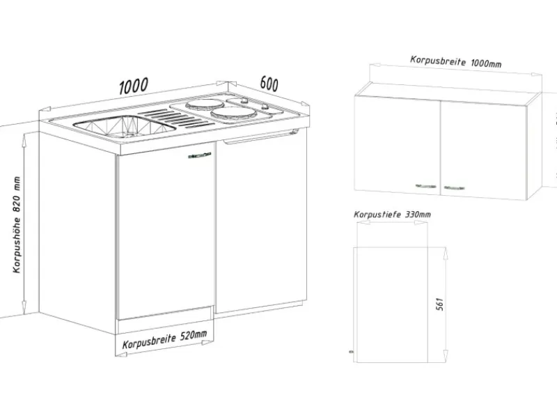 Respekta Miniküche MK100ESGOSC 100 cm -Eiche Sägerau Nachbildung< Pantryküchen|Miniküchen