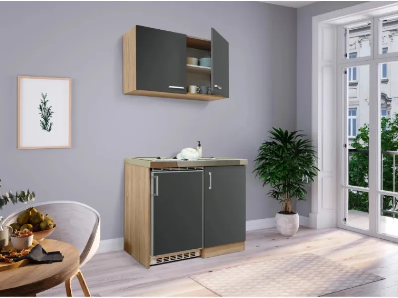 Respekta Miniküche MK100ESGOSC 100 cm -Eiche Sägerau Nachbildung< Pantryküchen|Miniküchen