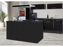 New Respekta Premium Inselküche 310 cm -Eiche Grau Schwarz Hochglanz