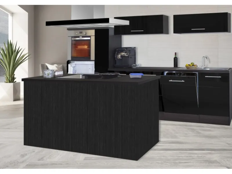 New Respekta Premium Inselküche 310 cm -Eiche Grau Schwarz Hochglanz