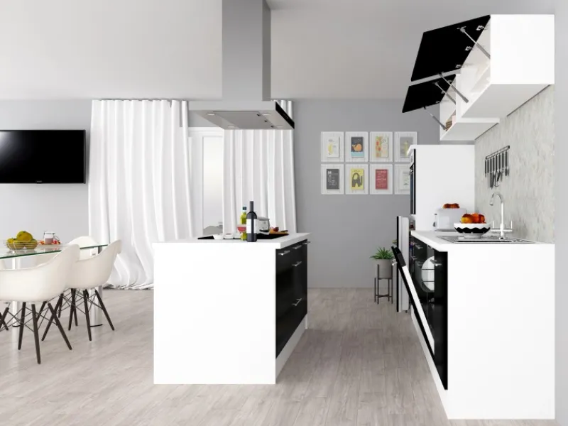 Discount Respekta Premium Inselküche 280 cm -Weiß Schwarz Hochglanz