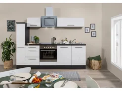 Respekta Premium Küchenzeile 240 cm Weiß Hochglanz-Eiche Grau< Einbauküchen|Kochfelder