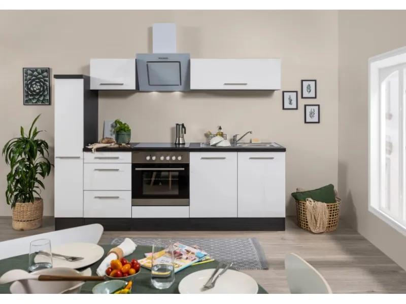 Respekta Premium Küchenzeile 240 cm Weiß Hochglanz-Eiche Grau< Einbauküchen|Kochfelder