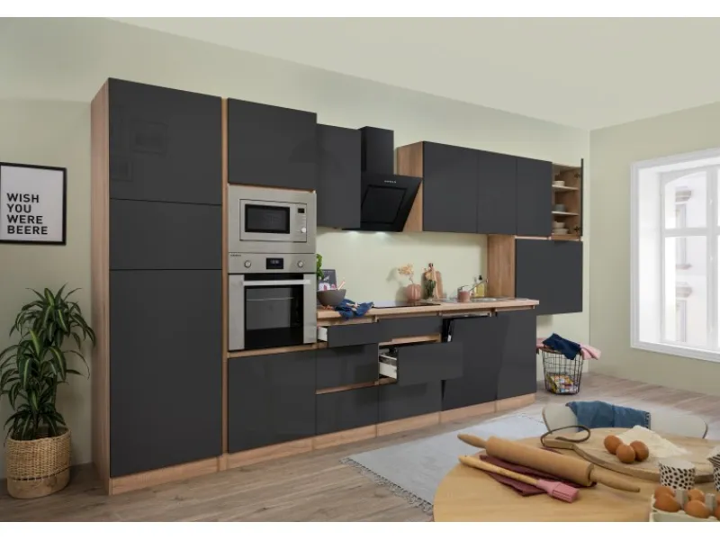 Clearance Respekta Premium Küchenzeile Grifflos 445 cm -Eiche Sägerau Grau Hochglanz