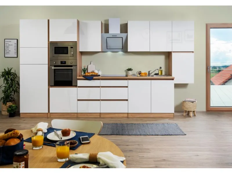Discount Respekta Premium Küchenzeile Grifflos 385 cm Weiß Hochglanz-Eiche Sägerau Hochglanz Weiß