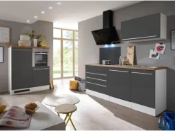 Respekta Premium Küchenzeile 320 cm Grau-Weiß Hochglanz< Kühlschränke|Winkelküchen