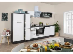Respekta Premium Küchenzeile 310 cm Weiß Hochglanz-Eiche Grau< Kühlschränke|Winkelküchen