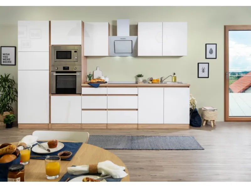 Discount Respekta Premium Küchenzeile Grifflos 335 cm Weiß Hochglanz-Eiche Sägerau Hochglanz Weiß