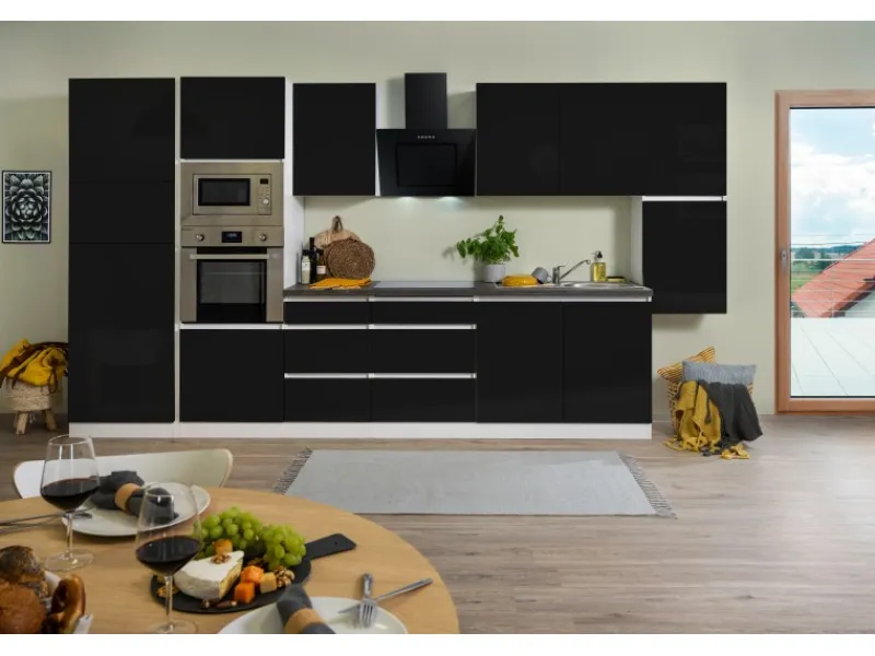 Respekta Premium Küchenzeile Grifflos 385 cm Schwarz Hochglanz-Weiß< Winkelküchen