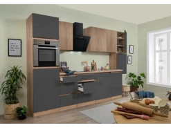 Respekta Premium Küchenzeile GLRP330HESGOES Grifflos 330 cm Grau Eiche Säger. NB< Einbauküchen|Kühlschränke