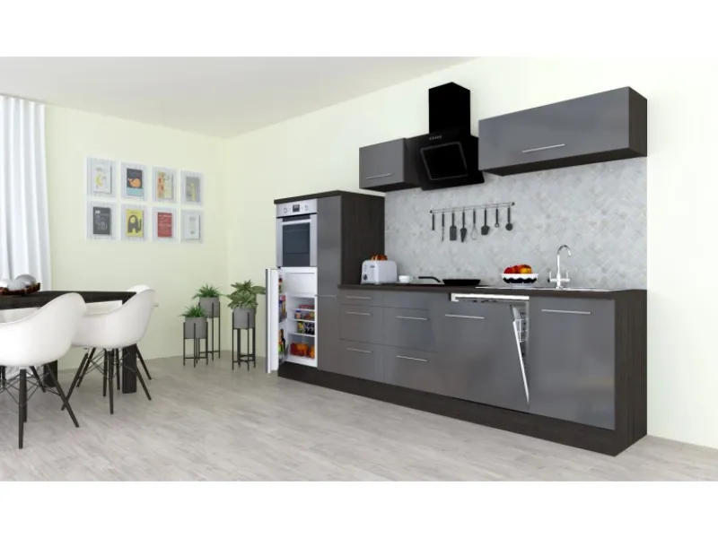 Best Respekta Premium Küchenzeile 310 cm Hochbau -Eiche Grau Grau Hochglanz