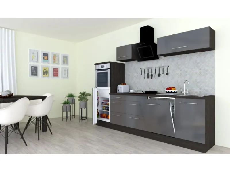 Outlet Respekta Premium Küchenzeile 280 cm Hochbau -Eiche Grau Grau Hochglanz