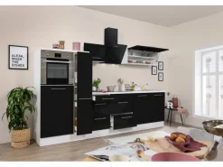 Respekta Premium Küchenzeile 300 cm Hochbau -Weiß Schwarz Hochglanz