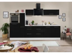 Respekta Premium Küchenzeile 300 cm Hochbau -Weiß Schwarz Hochglanz