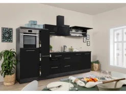 Respekta Premium Küchenzeile 300 cm Hochbau -Eiche Grau Schwarz Hochglanz