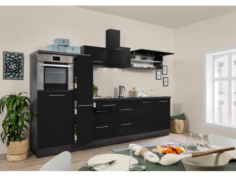 Respekta Premium Küchenzeile 300 cm Hochbau -Eiche Grau Schwarz Hochglanz