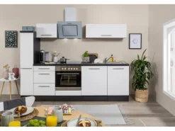 Sale Respekta Premium Küchenzeile 250 cm Weiß Hochglanz-Eiche Grau Hochglanz Weiß