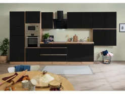 Outlet Respekta Premium Küchenzeile Grifflos 445 cm -Eiche Sägerau Schwarz Hochglanz