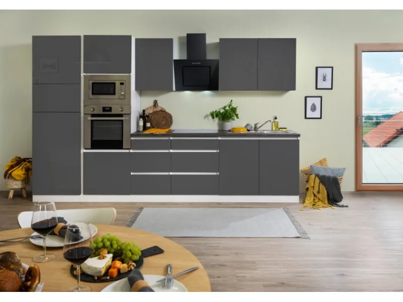 Respekta Premium Küchenzeile Grifflos 335 cm Grau Hochglanz-Weiß< Kühlschränke|Einbauküchen