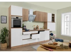 Respekta Kochfelder|Kühlschränke<Premium Küchenzeile GLRP380HESWOES Grifflos 380 cm Weiß Eiche Säger. NB