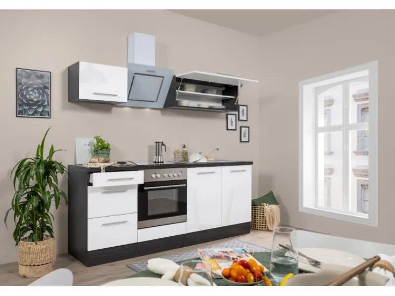 New Respekta Premium Küchenzeile 210 cm Weiß Hochglanz-Eiche Grau mit 54 l Ofen Hochglanz Weiß
