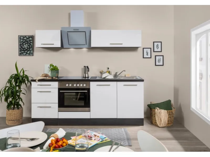 New Respekta Premium Küchenzeile 210 cm Weiß Hochglanz-Eiche Grau mit 54 l Ofen Hochglanz Weiß