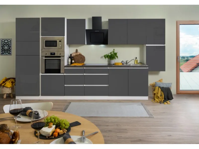 Respekta Premium Küchenzeile Grifflos 385 cm Grau Hochglanz-Weiß
