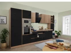 New Respekta Premium Küchenzeile GLRP395HESSGKEOES Grifflos 395 cm Schwarz Eiche NB