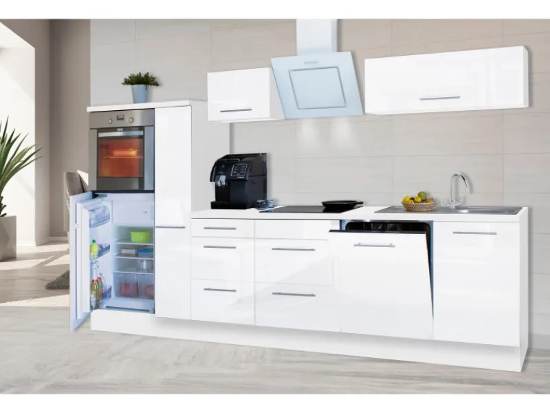 Respekta Premium Küchenzeile 310 cm Hochbau Weiß Hochglanz< Kühlschränke