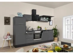 Respekta Premium Küchenzeile 280 cm -Eiche Grau Grau Hochglanz