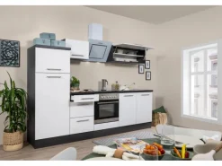 Respekta Premium Küchenzeile 270 cm Weiß Hochglanz-Eiche Grau< Kühlschränke