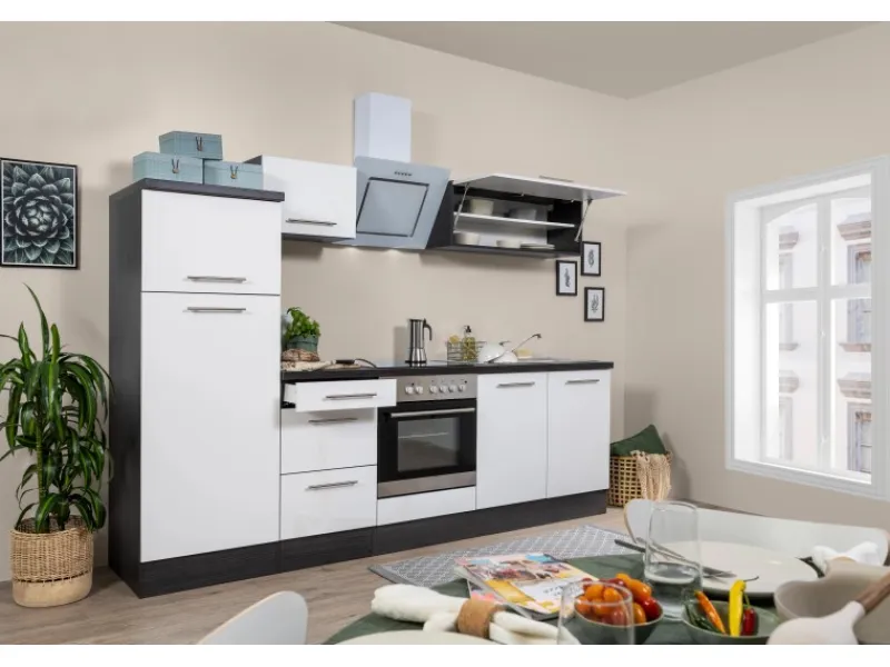 Respekta Premium Küchenzeile 270 cm Weiß Hochglanz-Eiche Grau< Kühlschränke
