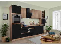 Respekta Premium Küchenzeile GLRP330HESSOES Grifflos 330 cm Schwarz Eiche NB< Kühlschränke