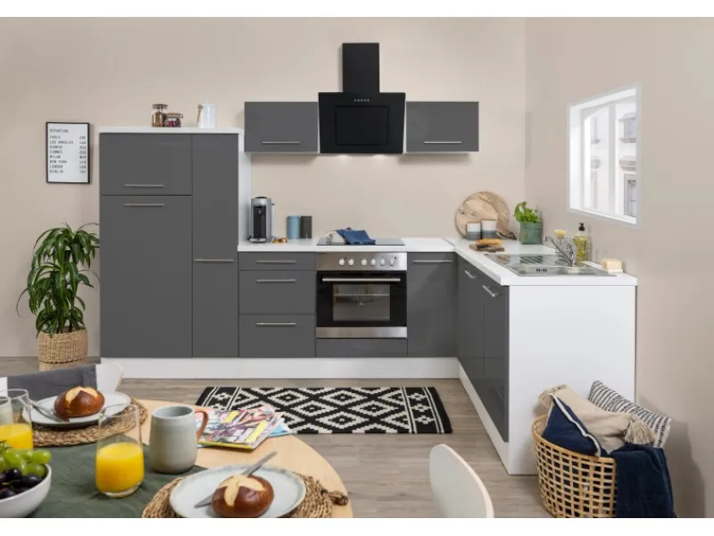 Respekta Premium Winkelküchen|Kühlschränke<Winkelküche RP290WGC 290 x 200 cm Grau Hochglanz-Weiß