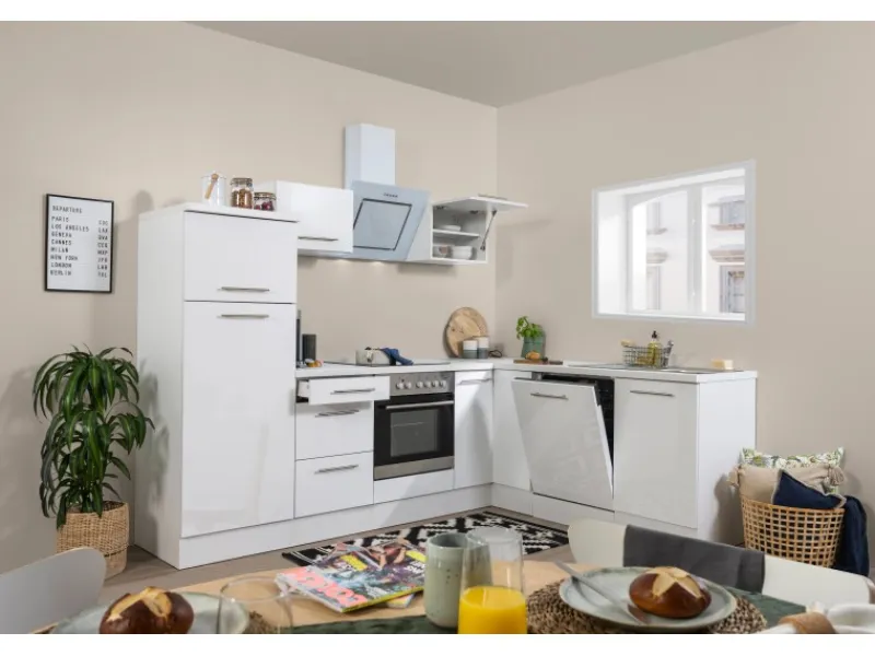 Discount Respekta Premium Winkelküche 260 x 200 cm Weiß Hochglanz Hochglanz Weiß