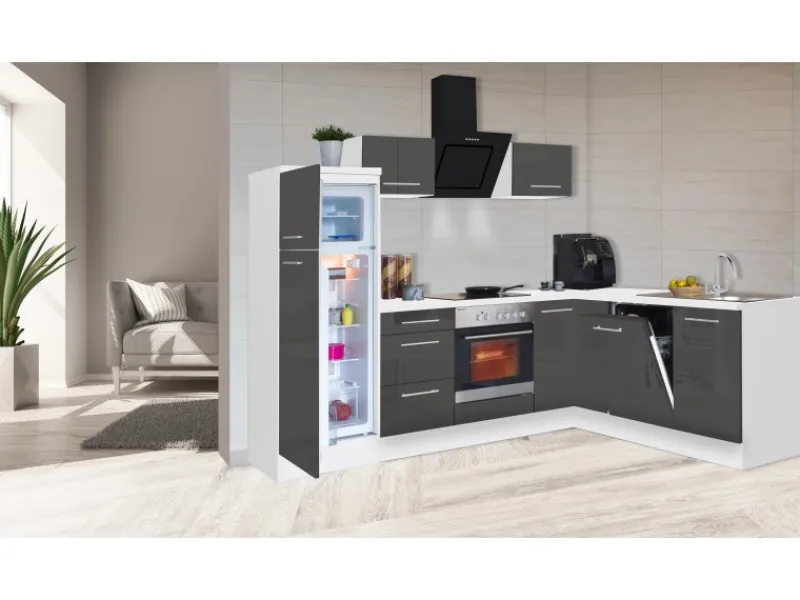 Clearance Respekta Premium Winkelküche 260 x 200 cm -Weiß Grau Hochglanz