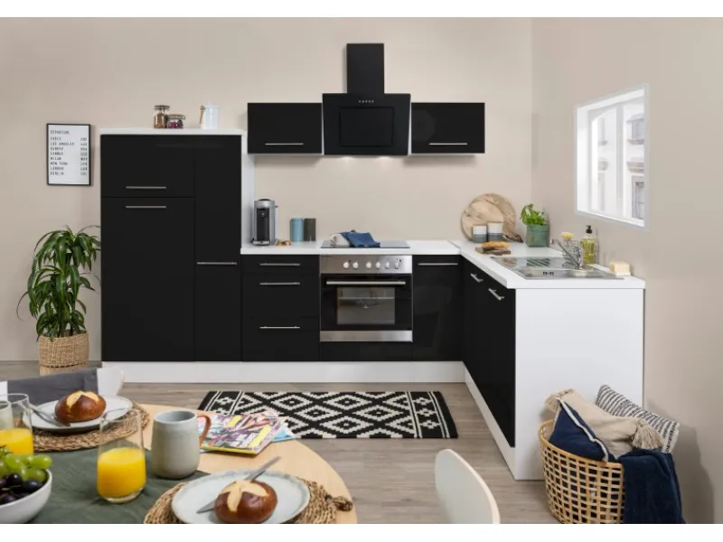 Respekta Premium Winkelküche RP290WSC 290 x 200 cm Schwarz Hochglanz-Weiß< Winkelküchen|Kühlschränke