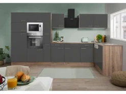 Respekta Winkelküche 370 cm Grau Seidenglanz - Eiche York Nachbildung< Winkelküchen|Einbauküchen
