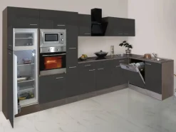 Respekta Winkelküche 370 cm Grau Seidenglanz - Eiche York Nachbildung< Winkelküchen|Einbauküchen