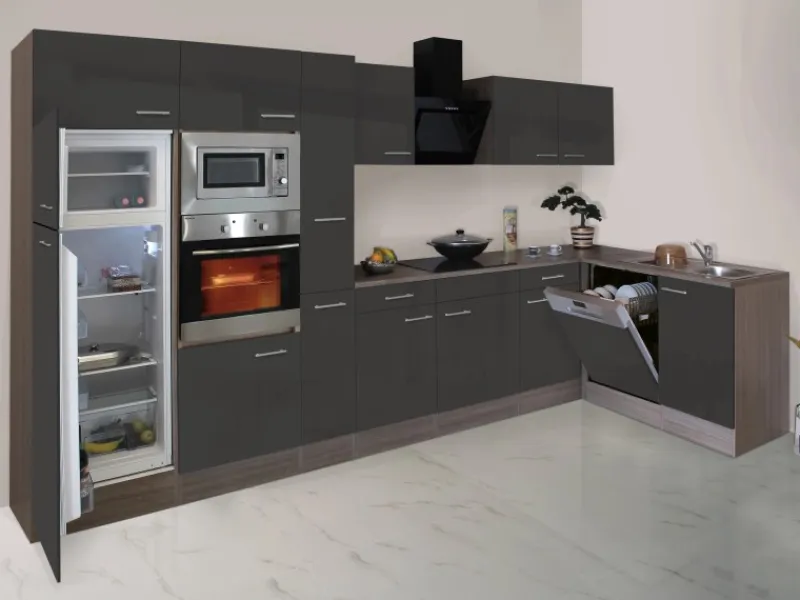 Respekta Winkelküche 370 cm Grau Seidenglanz - Eiche York Nachbildung< Winkelküchen|Einbauküchen