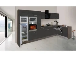 Respekta Winkelküche 370 cm Grau Seidenglanz - Eiche York Nachbildung< Winkelküchen|Einbauküchen