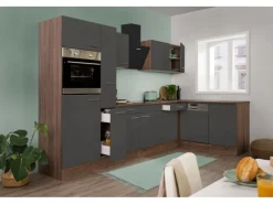 Respekta Winkelküchen|Kühlschränke<Winkelküche 310 cm Grau Seidenglanz-Eiche York Nachbildung