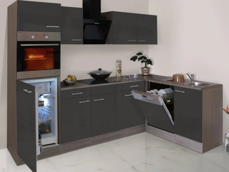 Respekta Winkelküche 280 cm Grau Seidenglanz-Eiche York Nachbildung