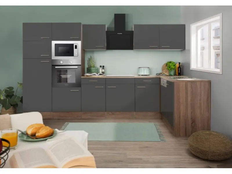 Discount Respekta Winkelküche 340 cm Grau Seidenglanz-Eiche York Nachbildung